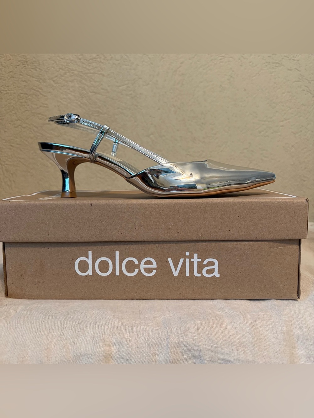 Dolce Vita Metallic Silver Pointed Slingback Kitten Heel